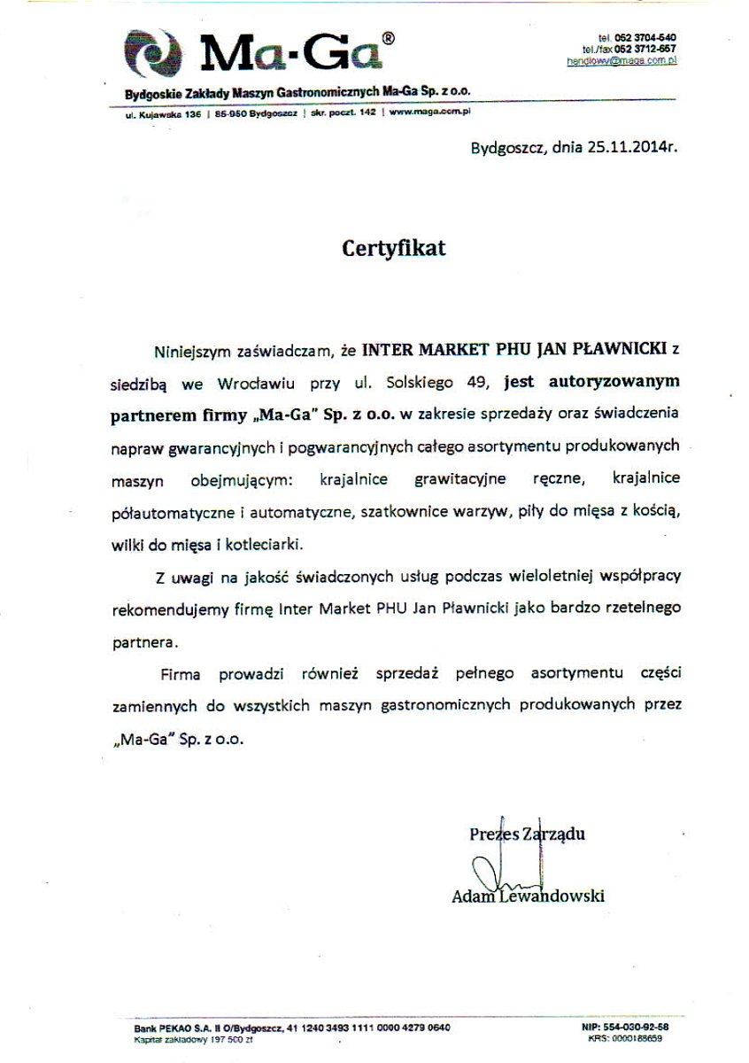 Certyfikat MA-GA dla firmy Inter Market