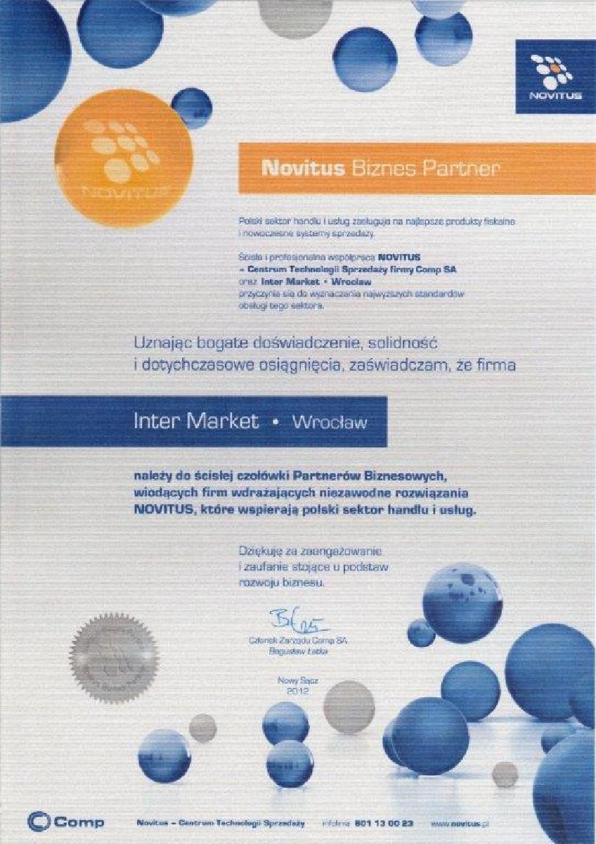 Dyplom Novitus dla firmy Inter Market